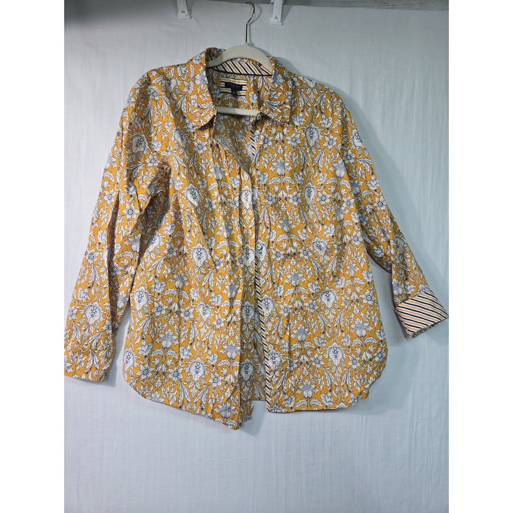 Talbots Button Up‎ Blouse Women's 1X Floral Yellow Blue LS Flip Cuff Cotton
